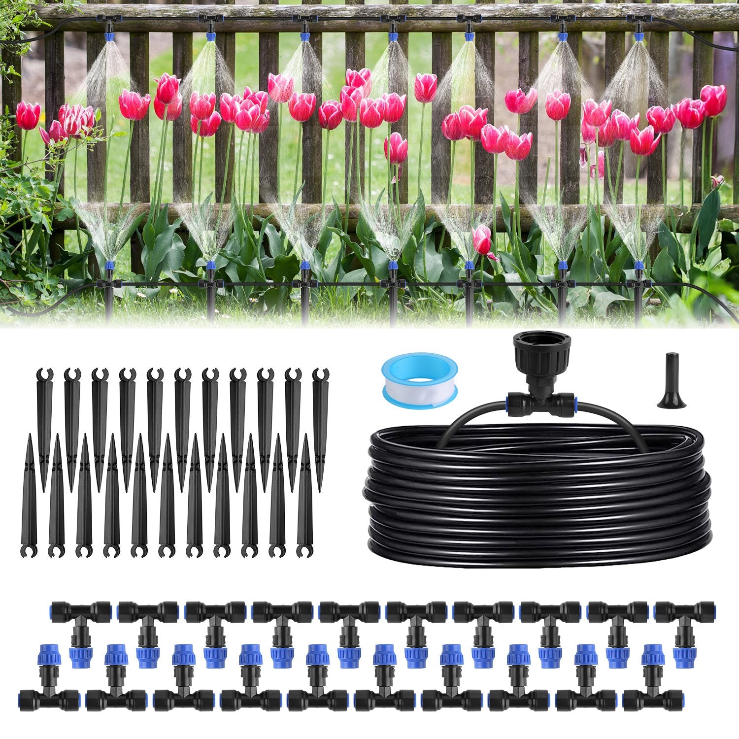 75FT Automatic Drip Irrigation System with Adjustable Misting Nozzles – Quick Connect Garden Watering Kit for Lawn, Patio & Flower Beds